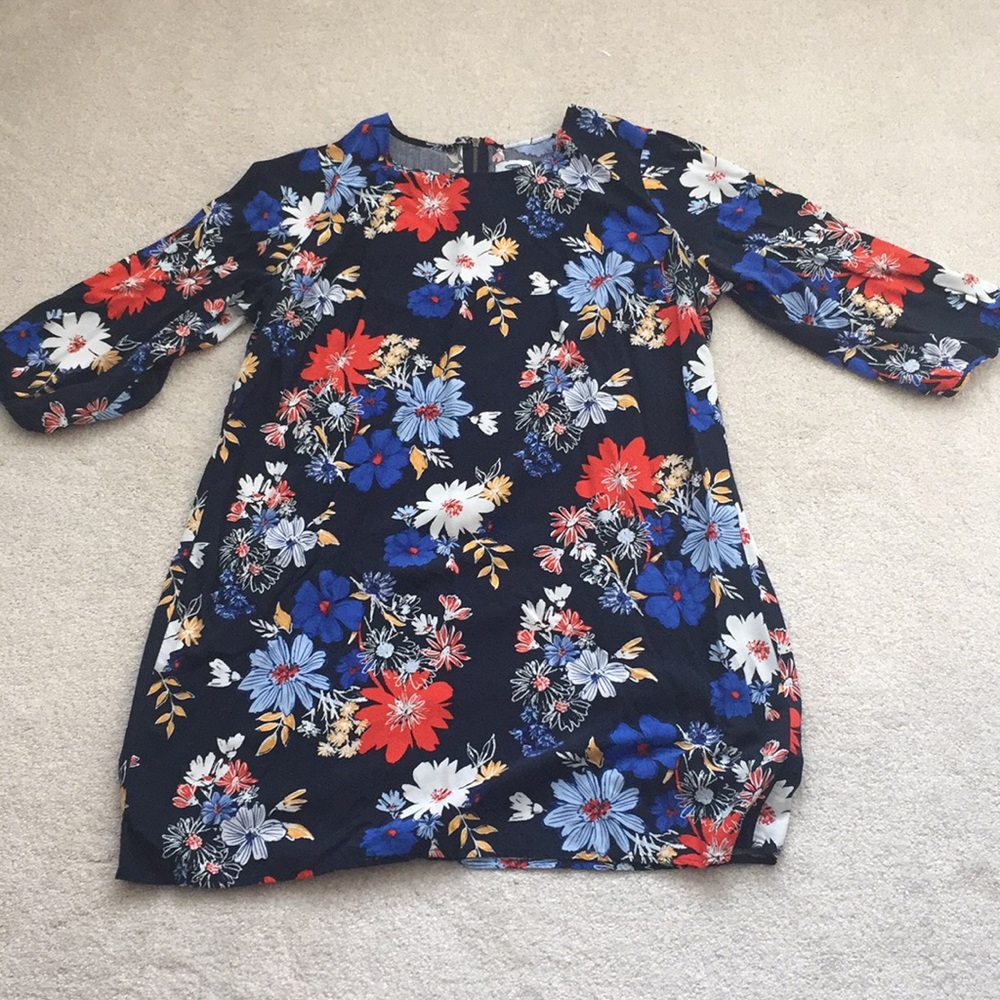 Navy blue dress with colorful flowers